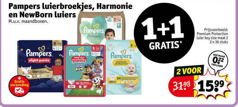 pampers luierbroekjes luiers 1 2 22 36 60 100 360 harmonie newborn maandboxen free premium protection luier size maat stuks night pants stop fit verzending sec trockene nacht baby dry limited edition 5x bescherming comfort flex protect ultra schutz folder aanbieding bij Kruidvat Pampers luiers, luierbroekjes folder aanbieding bij Kruidvat - details