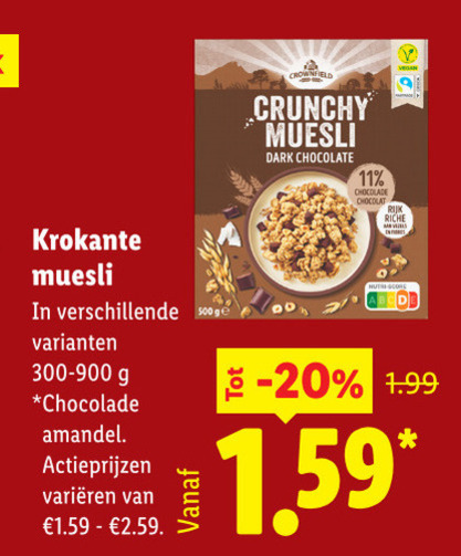 muesli 11 crownfield crunchy dark chocolate chocolade chocolat riche krokante amandel varieeren folder aanbieding bij Lidl