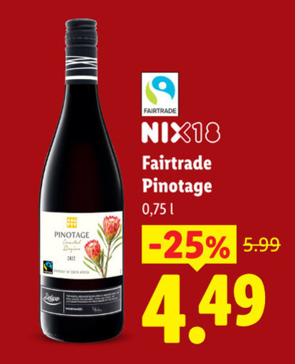 rode wijn pinotage coastal region fairtrade nix18 5.99 folder aanbieding bij Lidl