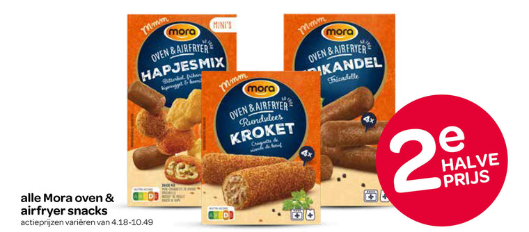 mora kroketten snacks frikandellen 4 oven airfryer varieeren frikandel rundvlees kroket halve folder aanbieding bij Spar Mora frikandellen, snack folder aanbieding bij Spar - details
