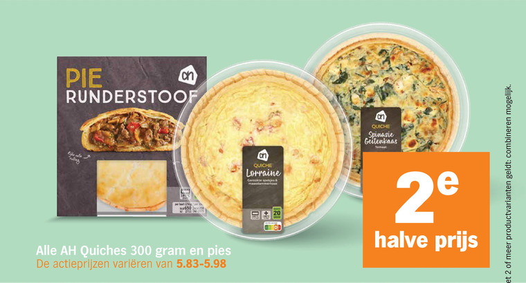quiche 2 50 300 pie runderstoof quiches varieeren b spinazie geitenkaas tomaat lorraine gerookte spekjes 20 halve productvarianten combineren folder aanbieding bij Albert Heijn