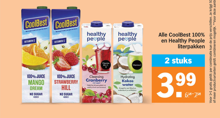 coolbest healthy people vruchtensap 1 2 50 100 it cool you best vitamin juice mango dream sugar added strawberry hill vitamine cleansing cranberry appel afweersysteem huid binnenuit hydrating kokos water droogt ondersteunt vochtbalans stuks 3.99 combinatie productvarianten combineren folder aanbieding bij Albert Heijn Healthy People vruchtensap folder aanbieding bij Albert Heijn - details