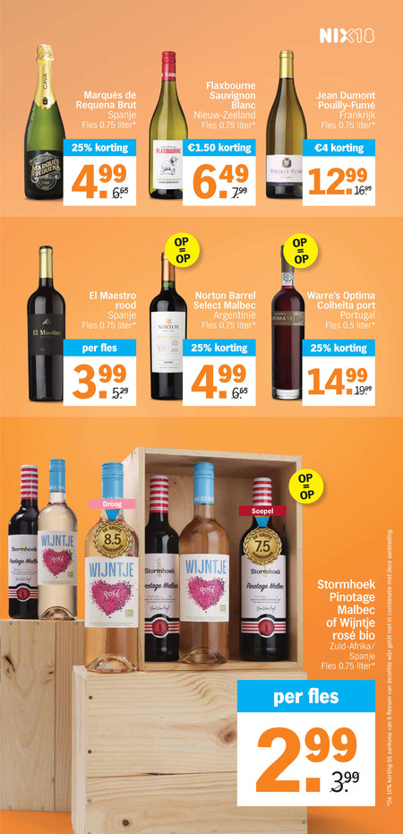 rode wijn rose witte 4 6 10 11 13 25 2013 cava marques requena brut spanje fles liter nix18 flaxbourne sauvignon blanc zeeland pouilly fume fit jean frankrijk maestro you rood norton malbec droog barrel select optima colheita port portugal soepel stormhoek wijntje bio pinotage western your when hage rosee zuid afrika flessen dezelfde combinatie aanbieding folder aanbieding bij Albert Heijn