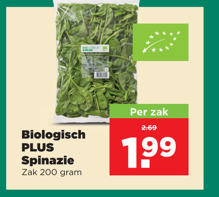 spinazie 200 biologisch zak folder aanbieding bij Plus