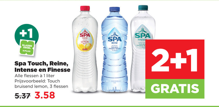 spa mineraalwater 1 2 3 glazen zegel touch reine intense finesse flessen liter bruisend lemon natural mineral water finess natura folder aanbieding bij Plus Spa mineraalwater folder aanbieding bij Plus - details