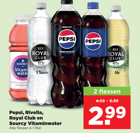 royal club pepsi rivella cola frisdrank 1 2 wit nederlandse suiker tonic classic framboos granaat vitamine be taste zero sugar ginger sourcy vitaminwater flessen liter folder aanbieding bij Plus Royal Club frisdrank, cola folder aanbieding bij Plus - details
