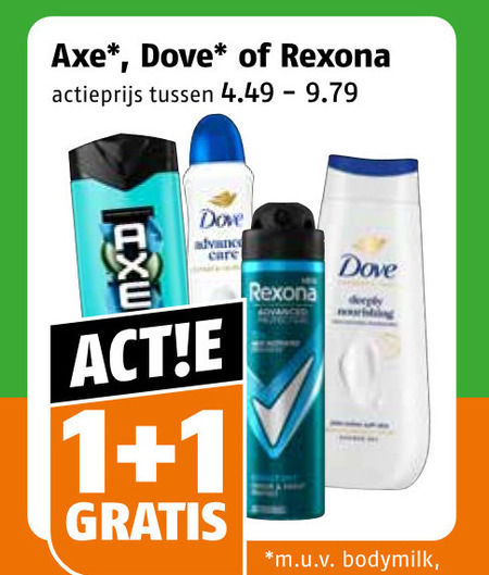 rexona axe dove douchegel deodorant 1 actieprijs deeply advance care m.u.v bodymilk folder aanbieding bij Poiesz Axe deodorant, douchegel folder aanbieding bij Poiesz - details