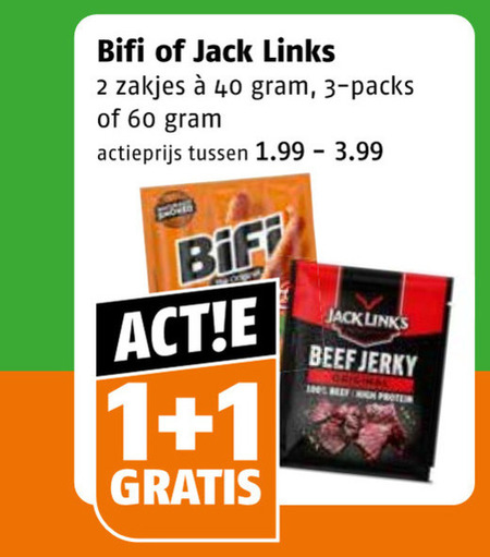 jack links bifi bierworstjes 1 2 3 40 60 100 zakjes actieprijs 3.99 beef high protein folder aanbieding bij Poiesz Jack Links bierworstjes folder aanbieding bij Poiesz - details