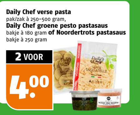 noordertrots daily chef pastasaus pasta tagliatelle 2 180 250 verse pak zak groene pesto bakje versa girasol voordeel folder aanbieding bij Poiesz Daily Chef tagliatelle, pastasaus folder aanbieding bij Poiesz - details