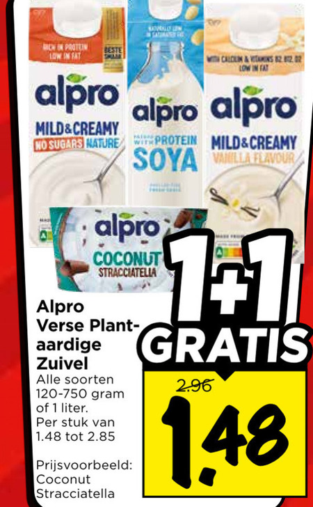 alpro soja melk 1 mild creamy vitamins sugars nature with protein soya flavour coconut verse plantaardige aardige zuivel soorten liter stuk stracciatella folder aanbieding bij Vomar Alpro soja melk folder aanbieding bij Vomar - details