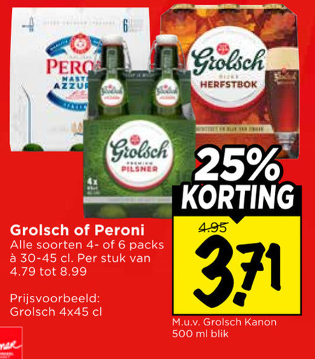 grolsch blikjes bier 6 25 500 pero herfstbok pilsner peroni soorten stuk kanon ml blik folder aanbieding bij Vomar Grolsch blikje bier folder aanbieding bij Vomar - details