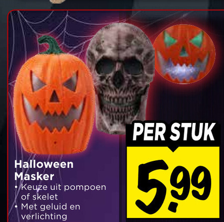 halloween masker pompoen skelet geluid verlichting stuk 5.99 folder aanbieding bij Vomar