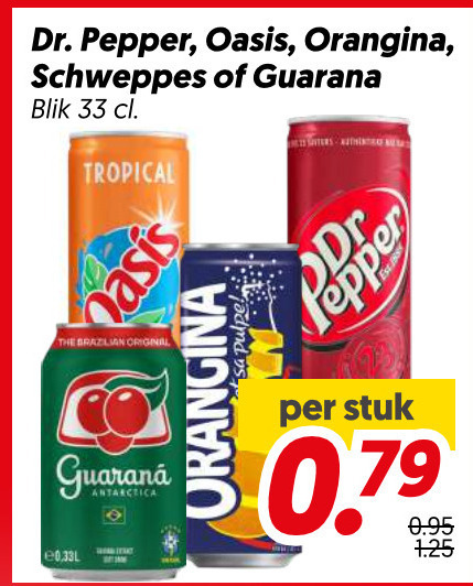 dr pepper schweppes orangina cola frisdrank 33 dr. oasis guarana blik tropical brazilian original stuk antarctica folder aanbieding bij Dekamarkt Schweppes frisdrank, cola folder aanbieding bij Dekamarkt - details