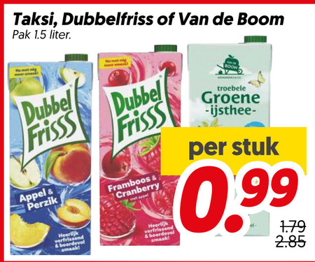 dubbelfrisss taksi fruitdrank dubbelfriss boom pak liter dubbel appel perzik verfrissend bal frisss framboos cranberry boordevol troebele groene stuk folder aanbieding bij Dekamarkt Dubbelfrisss fruitdrank folder aanbieding bij Dekamarkt - details