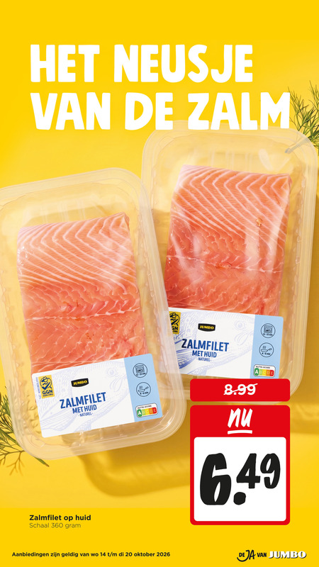 zalmfilet 14 20 180 360 neusje zalm jumbo min huid naturel nutri score schaal oktober folder aanbieding bij Jumbo