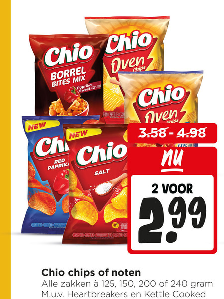 chio zoutjes chips 2 60 150 200 240 borrel bites mix paprika sweet chilli oven new red salt noten less zakken heartbreakers kettle cooked folder aanbieding bij Jumbo Chio chips, zoutje folder aanbieding bij Jumbo - details