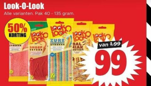 look-o-look snoep 40 50 99 100 pak zure veters folder aanbieding bij Dirk Look-o-Look snoep folder aanbieding bij Dirk - details
