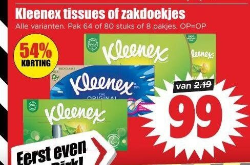 kleenex tissues zakdoeken 8 64 80 99 zakdoekjes pak stuks original eerst folder aanbieding bij Dirk Kleenex zakdoek, tissue folder aanbieding bij Dirk - details