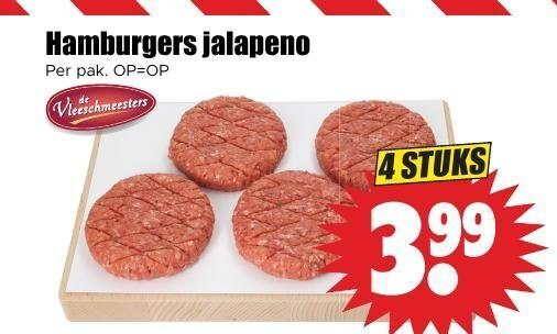 hamburgers 4 jalapeno pak vleeschmeesters stuks 3.99 folder aanbieding bij Dirk
