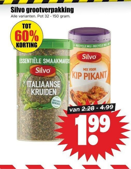 silvo kruiden 32 60 150 grootverpakking pot smaakmakers italiaanse recycle mix kip pikant 1 99 folder aanbieding bij Dirk Silvo kruiden folder aanbieding bij Dirk - details