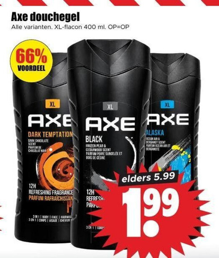 axe douchegel 1 3 400 xl flacon ml voordeel dark temptation chocolate scent parfum chocolat noir black frozen pearl cedarwood bois cedre alaska ocean air bergamot bergamote refreshing fragrance elders 5.99 refresh body face corps visage cheveux folder aanbieding bij Dirk Axe douchegel folder aanbieding bij Dirk - details