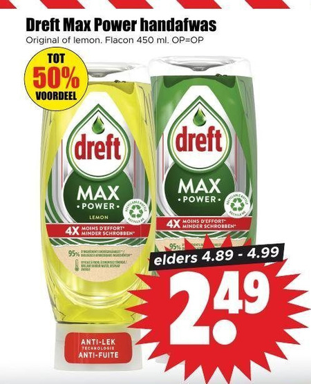 dreft afwasmiddel 50 450 power handafwas original lemon flacon ml voordeel moins 4x minder schrobben anti technologie fuite elders folder aanbieding bij Dirk Dreft afwasmiddel folder aanbieding bij Dirk - details