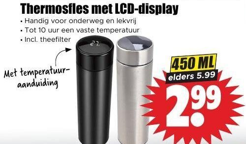 thermosfles 10 450 lcd display onderweg lekvrij uur vaste temperatuur theefilter ml elders 5.99 folder aanbieding bij Dirk