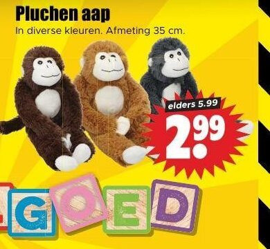 pluche en knuffels 35 pluchen aap kleuren cm elders 5.99 folder aanbieding bij Dirk