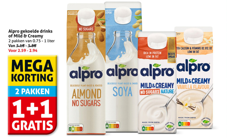 alpro soja melk 1 2 drinks mild creamy pakken liter mediterrane amandelen sugars rainforest soya mega protein categorie sort calcium vitamins plant based roasted vanilla flavour smooth nature almond nutri score from live with cultures folder aanbieding bij Hoogvliet Alpro soja melk folder aanbieding bij Hoogvliet - details