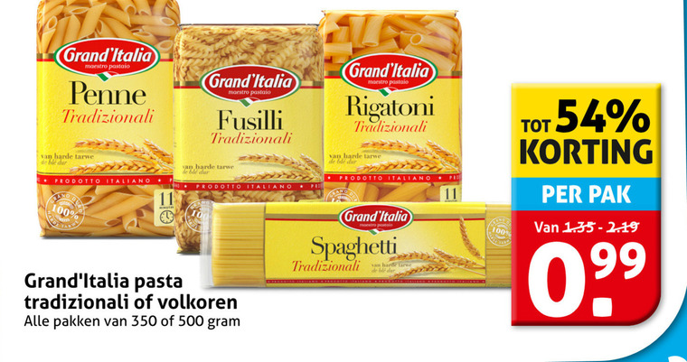 grand italia fusilli spaghetti pasta 11 100 350 500 maestro penne tradizionale harde tarwe prodotto italiano pro rigatoni pak volkoren pakken folder aanbieding bij Hoogvliet Grand Italia spaghetti, pasta folder aanbieding bij Hoogvliet - details