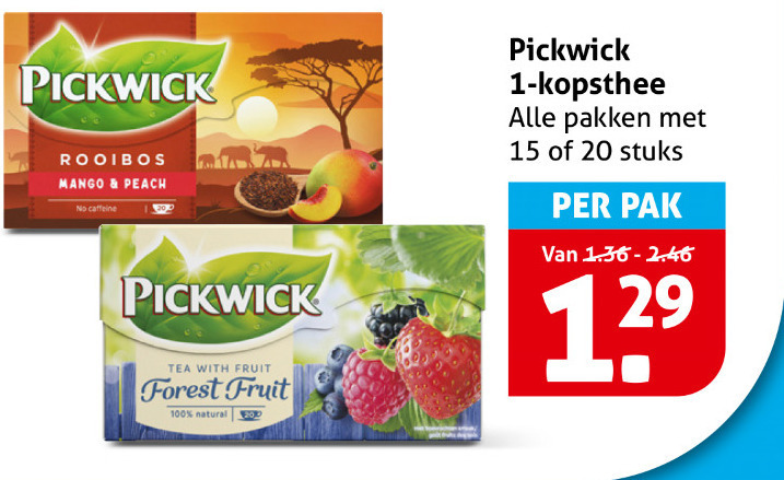 pickwick thee 1 15 20 100 200 rooibos mango peach caffeine tea with fruit forest natural kopsthee pakken stuks pak folder aanbieding bij Hoogvliet Pickwick thee folder aanbieding bij Hoogvliet - details