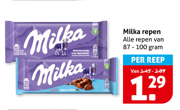 milka chocolade milk melkchocolade alpenmelk alpine repen reep folder aanbieding bij Hoogvliet Milka chocolade folder aanbieding bij Hoogvliet - details