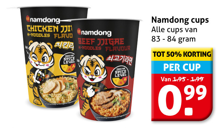 noodles 50 99 chicken beef flavour spice level cups cup folder aanbieding bij Hoogvliet