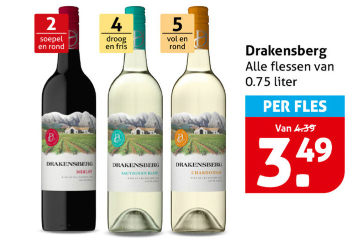 rode wijn witte 2 4 5 soepel rond droog fris drakensberg merlot sauvignon blanc chardonnay flessen liter fles folder aanbieding bij Hoogvliet