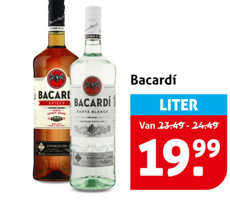 bacardi rum spiced spirit drie establecido carta blanca liter folder aanbieding bij Hoogvliet Bacardi rum folder aanbieding bij Hoogvliet - details