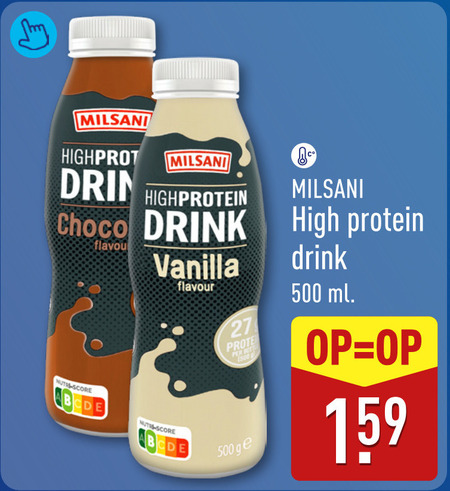 milsani drinkyoghurt 27 500 choco drink score flavourites vanilla flavour ge co high protein ml folder aanbieding bij Aldi Milsani drinkyoghurt folder aanbieding bij Aldi - details