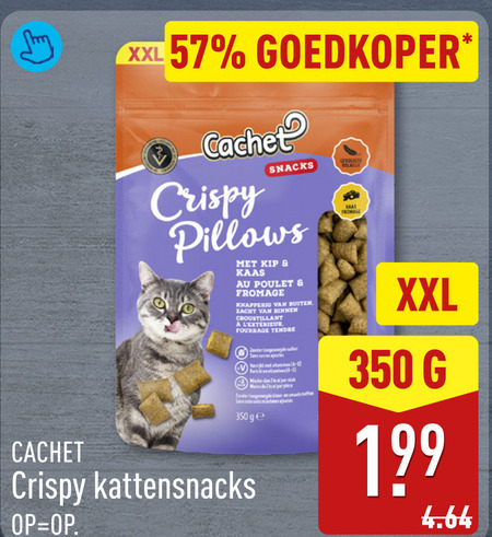 kattensnacks 2 350 cachet xxl goedkoper snacks crispy pillows kip kaas poulet fromage knapperig buiten zacht binnen croustillant tendre toegevoegde sanex colorants ge folder aanbieding bij Aldi