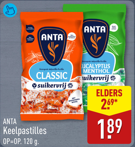 anta flu snoep 120 kleurstoffen zoetstoffen extract verzorgende keelpastilles pastilles classic suikervrij wikkel eucalyptus menthol elders folder aanbieding bij Aldi Anta Flu snoep folder aanbieding bij Aldi - details