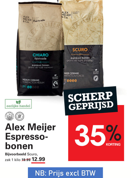 alex meijer koffiebonen 1 35 fairtrade co. excellent quality lex chiaro espresso bonen grains mcafee medium gebrand eerlijk donker eerlijke zak kilo scherp geprijsd folder aanbieding bij Sligro Alex Meijer koffiebonen folder aanbieding bij Sligro - details