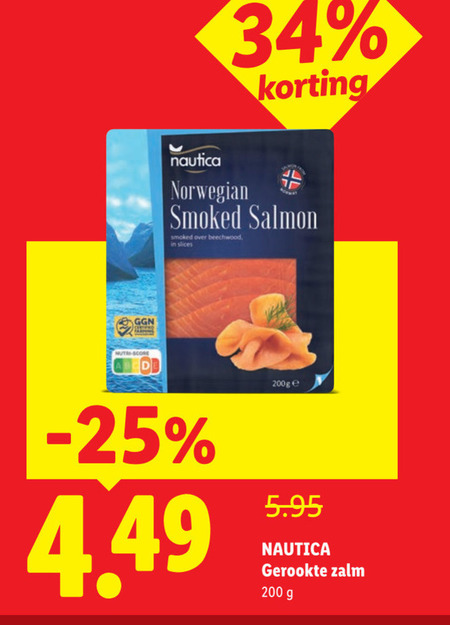 gerookte zalmfilet 34 200 nautica norwegian smoked salmon slices zalm folder aanbieding bij Lidl