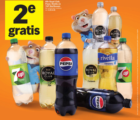rivella royal club pepsi 7-up cola frisdrank 2 50 literflessen varieeren suiker tonic classic ginger beer original licht sprankelend lemon clare refreshing lime taste up zero sugar 2e combinatie productvarianten combineren folder aanbieding bij Albert Heijn Rivella cola, frisdrank folder aanbieding bij Albert Heijn - details