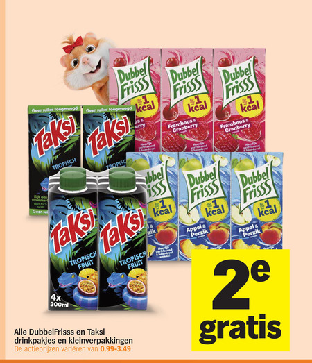 taksi dubbelfrisss fruitdrank 40 dubbel suiker frisss verfrissend boordevol framboos cranberry tropisch tekst fruit appel perzik rijk vitamine 4x 300ml drinkpakjes kleinverpakkingen varieeren 2 folder aanbieding bij Albert Heijn Dubbelfrisss fruitdrank folder aanbieding bij Albert Heijn - details