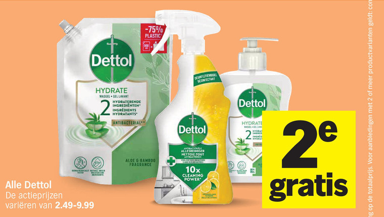 dettol handzeep allesreiniger 2 varieeren plastic wasgel gel hydraterende ingredienten hydratants antibacterial aloe bamboo fragrance antibacteriele nettoie tout 10x cleaning power productvarianten folder aanbieding bij Albert Heijn Dettol handzeep, allesreiniger folder aanbieding bij Albert Heijn - details
