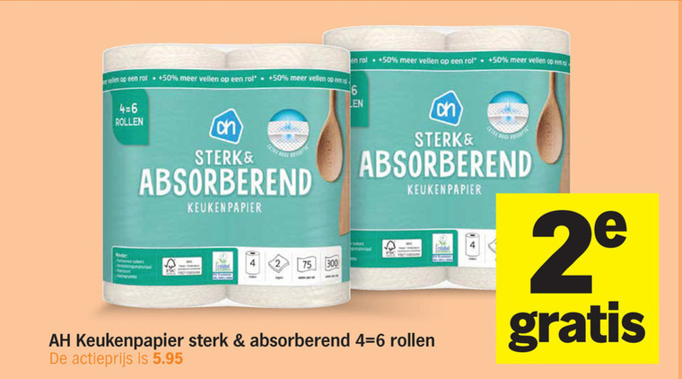 albert heijn huismerk keukenpapier 4 6 50 300 rol vellen rollen absorberend keuken papier 2e actieprijs folder aanbieding bij Albert Heijn Albert Heijn Huismerk keukenpapier folder aanbieding bij Albert Heijn - details