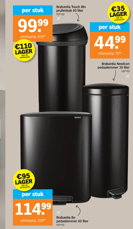 pedaalemmer 30 35 60 stuk 99 brabantia touch prullenbak liter folder aanbieding bij Albert Heijn