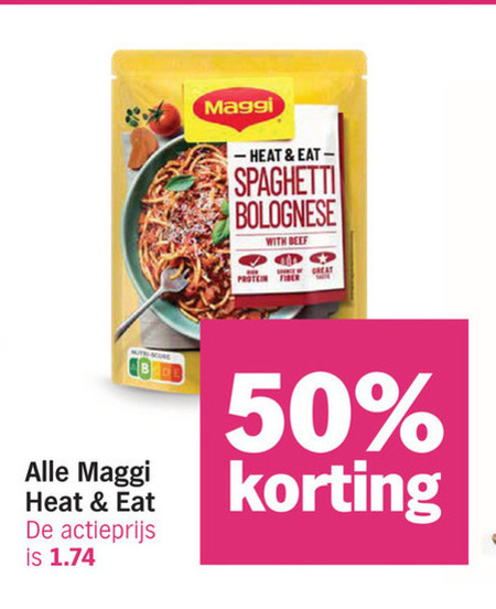 maaltijdmix 50 maggi heat actieprijs spaghetti bolognese with beef protein folder aanbieding bij Albert Heijn