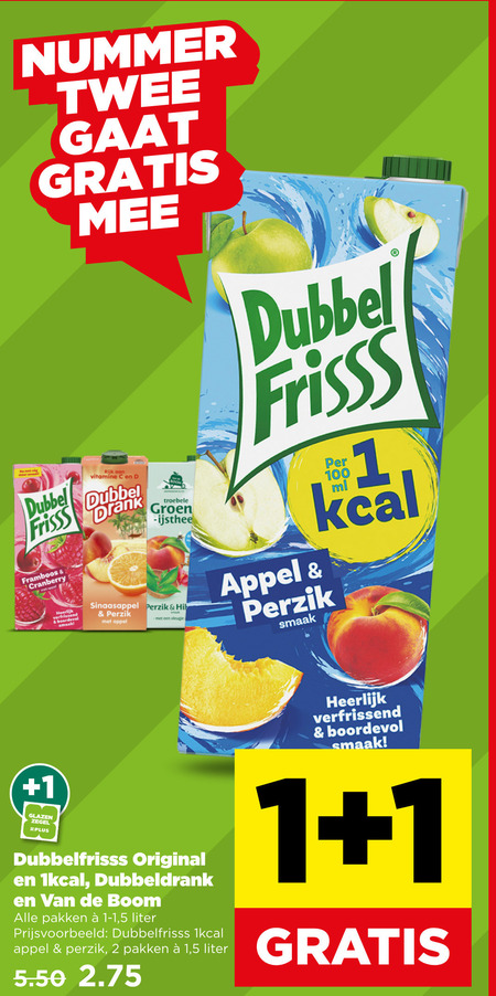 dubbelfrisss fruitdrank 1 2 100 nummer twee rijk vitamine dubbel frisss drank framboos cranberry verfrissend boordevol troebele groen sinaasappel perzik hi appel vleugje glazen zegel original dubbeldrank boom pakken 5 liter folder aanbieding bij Plus Dubbelfrisss fruitdrank folder aanbieding bij Plus - details