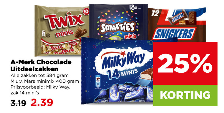 snickers twix milky way smarties bounty mars mini chocoladerepen 10 12 14 25 384 400 minis merk chocolade uitdeelzakken zakken zak folder aanbieding bij Plus Mars mini chocoladerepen folder aanbieding bij Plus - details