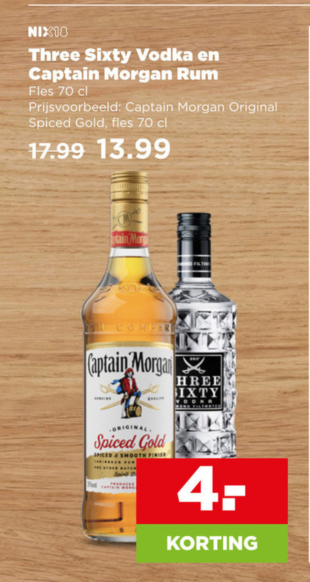 three sixty captain morgan rum wodka nix18 vodka fles original spiced gold smooth finish spirit folder aanbieding bij Plus Three Sixty wodka, rum folder aanbieding bij Plus - details