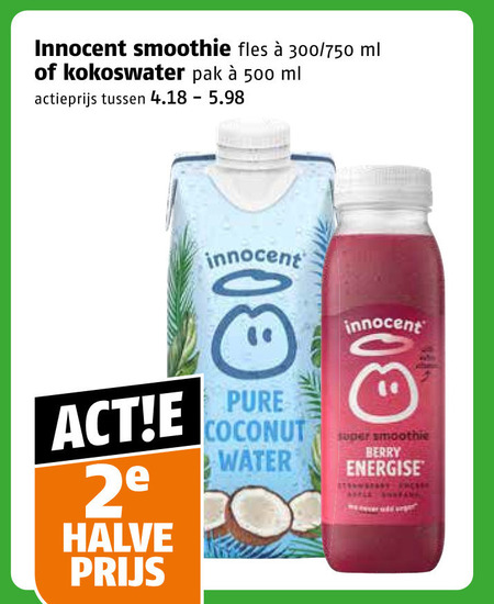 innocent fruitsmoothie 500 smoothie fles 300 750 ml kokoswater pak actieprijs 2e halve coconut water super berry energise frees folder aanbieding bij Poiesz Innocent fruitsmoothie folder aanbieding bij Poiesz - details